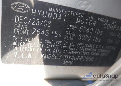 2004 Hyundai Santa Fe Gls из США, поврежденный, VIN KM8SC73DX4U683956